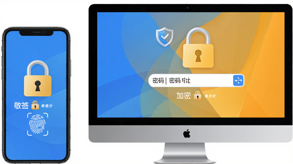 敬业签安全加密功能示意,主体为手机与电脑屏幕上的锁形图标和密码输入框,布局居中对称,排版简洁,风格安全可靠,细节包含盾牌图标、指纹识别符号、加密文字标识,画质高清干净无多余元素