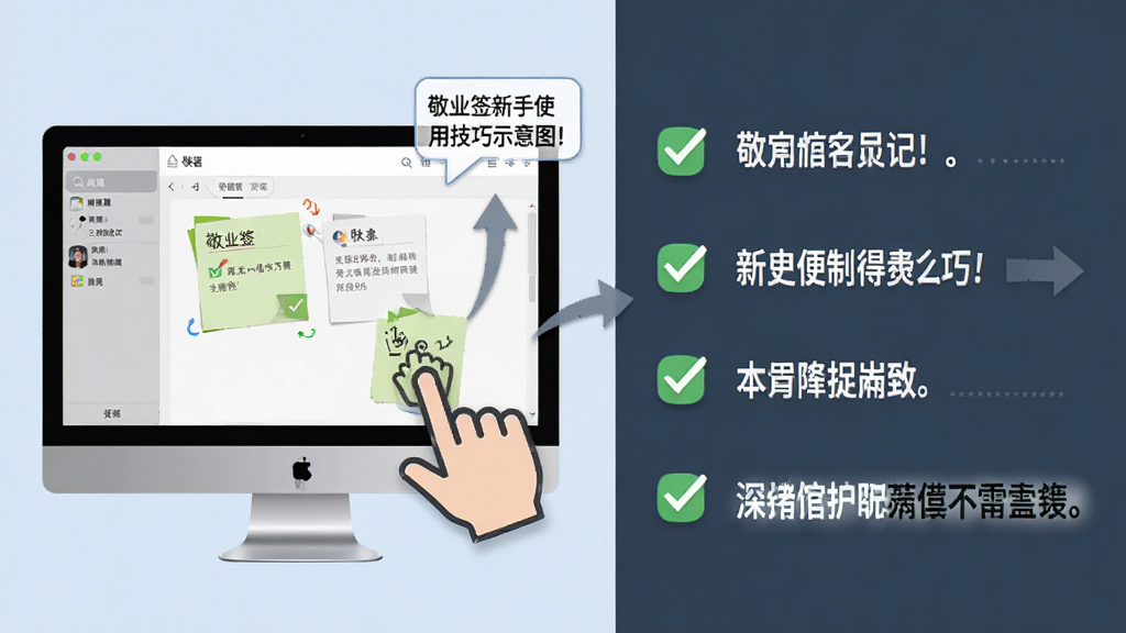 敬业签新手使用技巧示意图,主体为电脑屏幕上的便签软件界面与操作手势图标,布局左右分栏左侧为界面右侧为技巧文字,排版清晰,风格教学实用,细节包含勾选标记、箭头指示、提示气泡,画质干净无多余元素