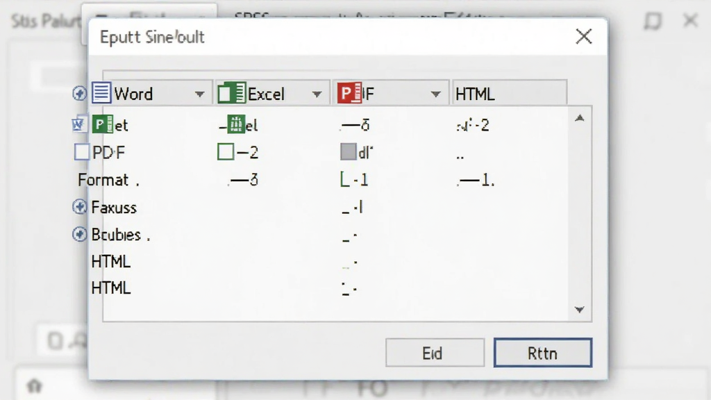 SPSS结果导出界面展示,画面中显示导出对话框,格式选项包括Word、Excel、PDF、HTML等,背景为浅灰色,界面简洁专业,细节清晰,画质高清,干净,无多余元素