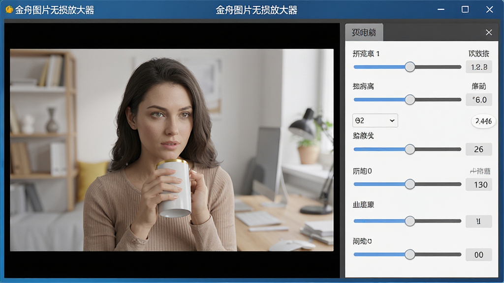 一张展示实时预览与参数微调功能的图片,主体为金舟图片无损放大器的预览窗口和参数调节面板,布局为左侧预览图右侧滑块面板,排版紧凑合理,风格为专业工具风,细节包括实时渲染的清晰图像、可拖动的调节滑块和数值显示,画质为高清,干净无多余元素,画面中显示文字“金舟图片无损放大器”。
