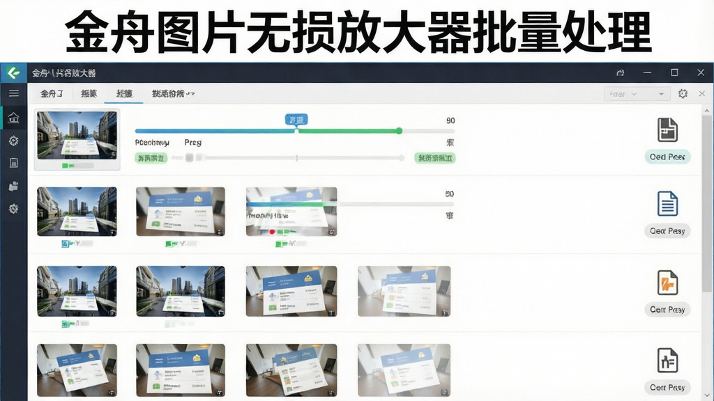 一张展示批量处理功能的图片,主体为金舟图片无损放大器的任务队列界面,布局为纵向列表排列多张缩略图,排版整齐有序,风格为商务简洁风,细节包括进度条、状态标签和格式图标,画质为高清,干净无多余元素,画面顶部显示文字“金舟图片无损放大器批量处理”。