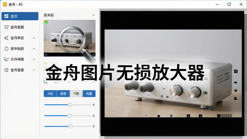 一张展示金舟图片无损放大器软件界面的图片,主体为软件主窗口,布局为左侧功能导航栏和右侧图片预览区域,排版整齐清晰,风格为现代简约科技风,细节包括放大前后的对比效果、清晰的按钮图标和参数调节滑块,画质为高清4K,干净无多余元素,画面中央显示文字“金舟图片无损放大器”。