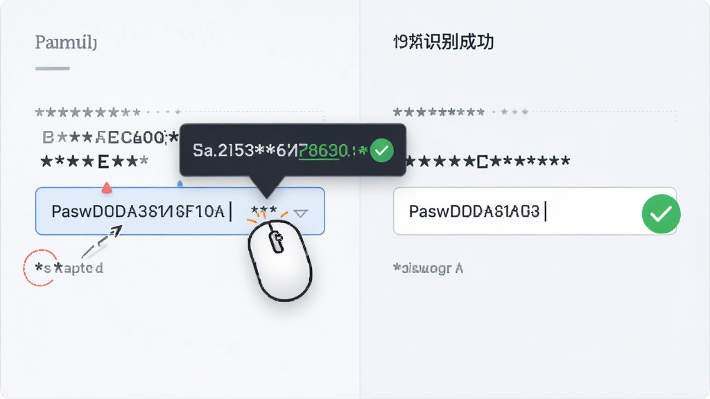 Advanced密码星号显示察看器操作场景图,主体展示鼠标悬停在密码框上弹出明文密码提示,布局为左右分栏左侧密码输入界面右侧显示结果,排版直观明了,风格为清爽浅色商务风,细节包含星号被替换为字母数字组合、绿色对勾图标表示识别成功,画质清晰干净无多余元素