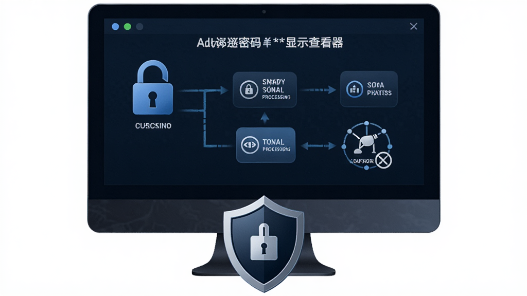 Advanced密码星号显示察看器安全本地运行示意图,主体为电脑屏幕显示本地处理流程,布局为上下结构上方电脑下方盾牌图标,排版稳重可靠,风格为深色调安全主题,细节包含锁形图标、本地处理标识、无网络连接符号,画质清晰干净无多余元素
