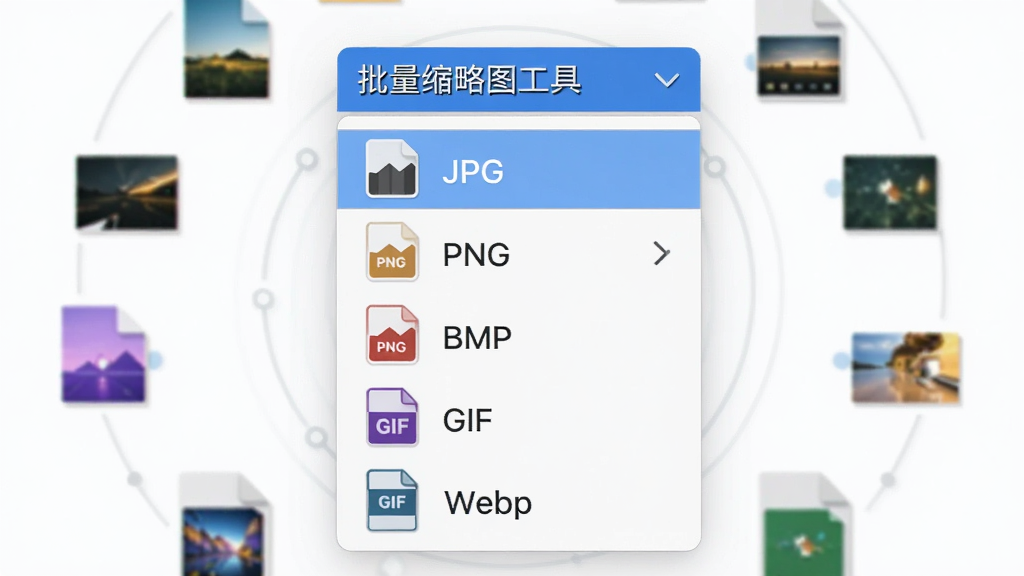 画面中央是“批量缩略图工具”的格式选择下拉菜单特写,菜单中列出JPG、PNG、BMP、GIF、WebP等格式图标,周围环绕着对应格式的图片文件小图标,布局为居中环绕式,风格为扁平化科技感,细节包括菜单高亮选项和格式图标色彩区分,画质清晰干净无多余元素