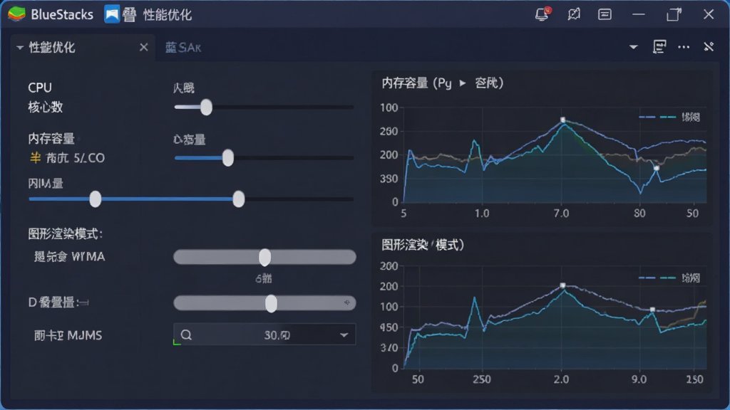 BlueStacks蓝叠模拟器性能优化界面,画面主体为软件设置面板,展示CPU核心数分配、内存容量调节、图形渲染模式选择等选项,布局清晰。风格为简洁的深色科技风,细节包括实时性能监控曲线图,画质锐利,干净无多余元素。