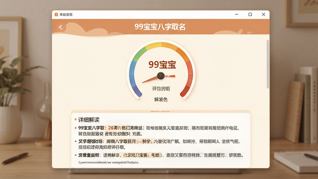 一张展示“99宝宝八字取名”名字评分详情页面的图片,主体为软件窗口居中显示,窗口内包含一个圆形评分仪表盘和下方的文字解读区域,布局为上下结构,上方为评分可视化下方为详细说明,排版简洁,风格为温和的暖色调设计,细节包括评分数字的突出显示和解读文字的分段排版,画质清晰,无多余元素。