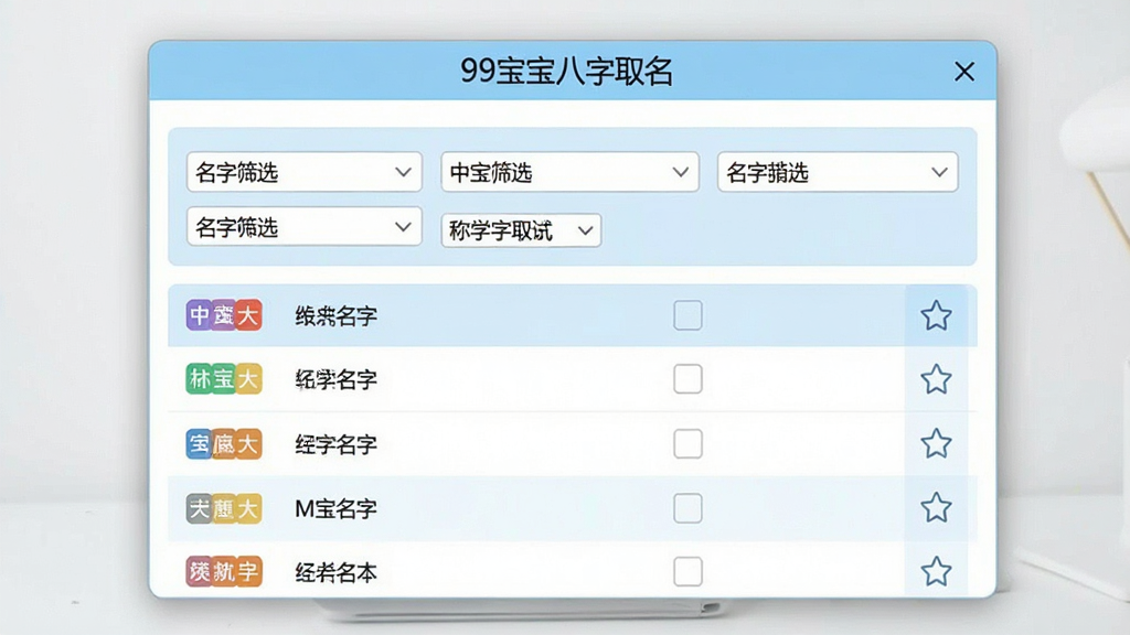 一张展示“99宝宝八字取名”名字筛选界面的图片,主体为软件窗口居中显示,窗口内包含多个筛选条件下拉框和名字列表,布局为顶部筛选区加下方列表区,排版整齐,风格为清爽的浅蓝配色,细节包括列表项左侧的五行标签和右侧的收藏图标,画质清晰,画面干净,无多余元素。