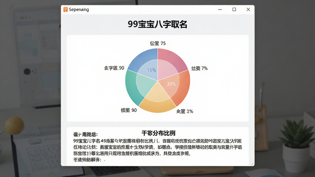 一张展示“99宝宝八字取名”八字解析结果页面的图片,主体为软件窗口居中显示,窗口内以饼图形式展示五行分布比例,下方配有文字说明区域,布局为上下结构,上方为图表下方为解读文字,排版清晰,风格为扁平化设计,细节包括柔和的色彩过渡和清晰的标注文字,画质干净,无多余元素。