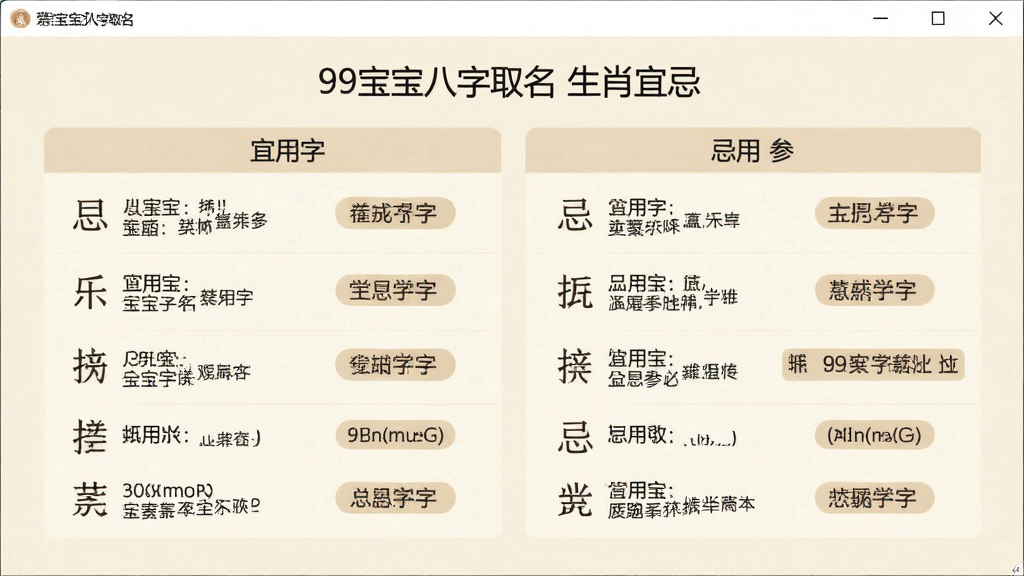 一张展示“99宝宝八字取名”生肖宜忌参考页面的图片,主体为软件窗口居中显示,窗口内以左右两列分别展示宜用字和忌用字列表,布局为对称结构,排版规整,风格为素雅的米白色调,细节包括每个字旁边的简要注释和分类标签,画质干净,无多余元素。