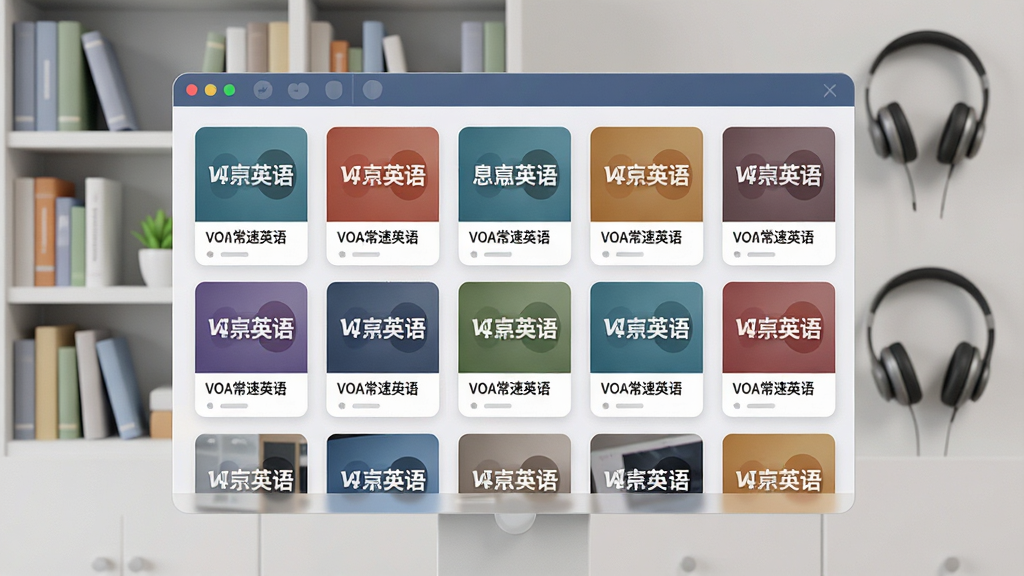 一幅展示VOA常速英语丰富音频库的AI生图,画面主体是一个虚拟的音频资源库界面,排列着大量标有不同分类标签的音频文件卡片,卡片上写有