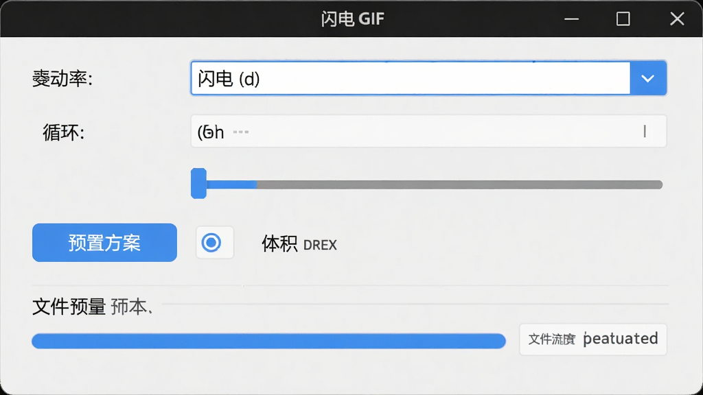 画面呈现闪电GIF制作软件的导出设置窗口,窗口内包含分辨率下拉菜单、帧率滑块、循环次数选项和文件大小预估条,主体为参数设置面板,布局为表单式排列,排版规整,风格为简洁设置界面风,细节上突出预设方案按钮和体积对比条,画质高清,干净,无多余元素
