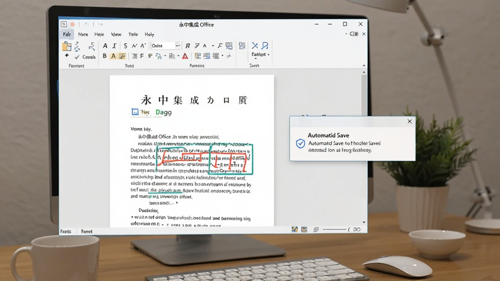 一张展示电脑桌面上永中集成Office正常运行状态的图片,画面中软件窗口打开着一份文档,旁边有自动保存提示弹窗,整体氛围轻松办公,风格写实,画质清晰
