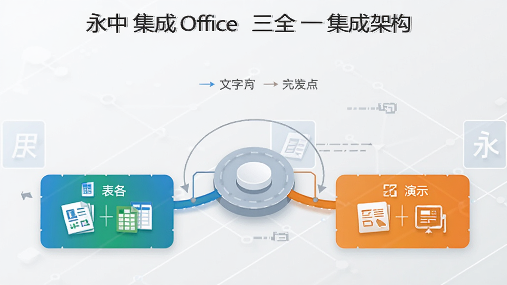 一幅展示永中集成Office三合一集成架构的示意图,画面中三个不同颜色的模块(蓝色代表文字、绿色代表表格、橙色代表演示)通过中心枢纽连接在一起,形成统一整体,背景为浅灰色科技感网格,风格简洁现代,画质清晰干净