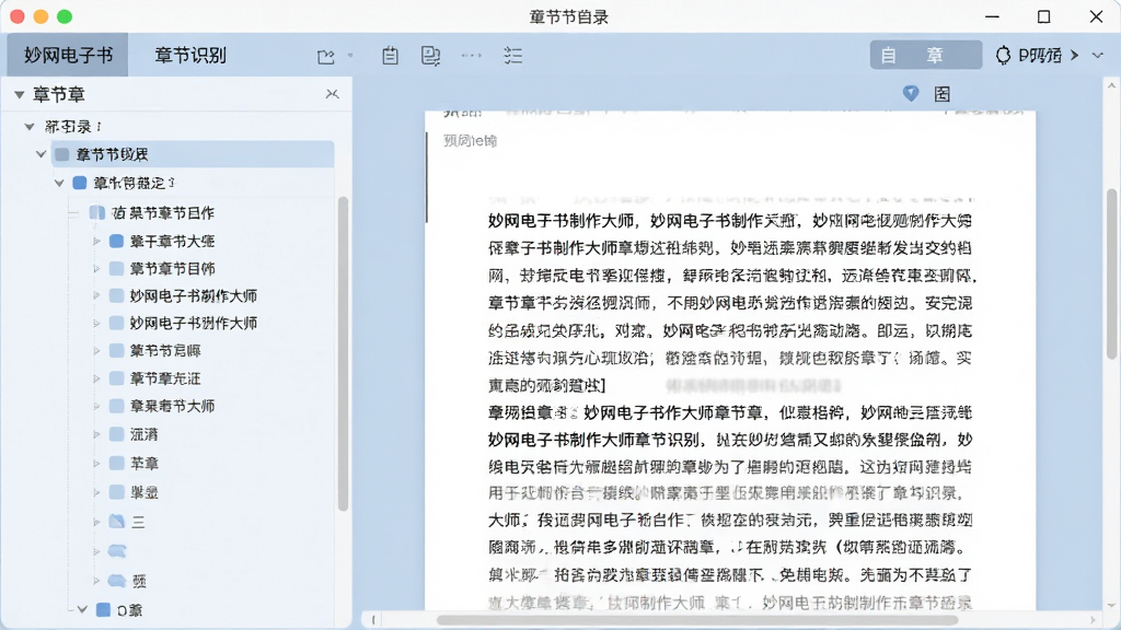 妙网电子书制作大师章节识别界面,屏幕显示自动生成的章节目录树状图,左侧是章节列表,右侧是正文预览,界面配色柔和,布局清晰,风格专业,画质清晰,干净,无多余元素