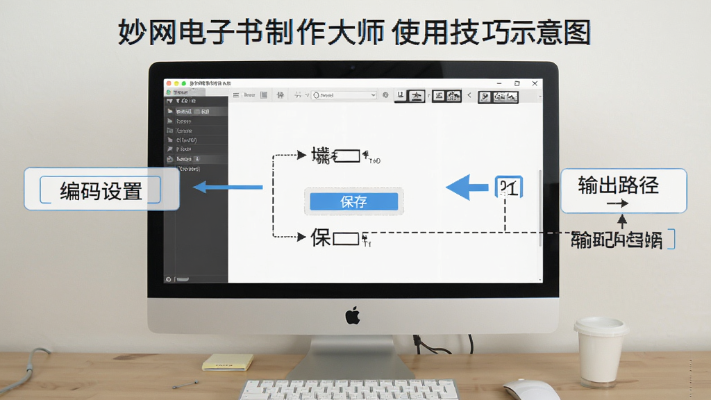 妙网电子书制作大师使用技巧示意图,画面展示电脑屏幕上的软件操作步骤,标注了编码设置、保存按钮和输出路径选择,风格教程类,布局清晰,画质干净,无多余元素