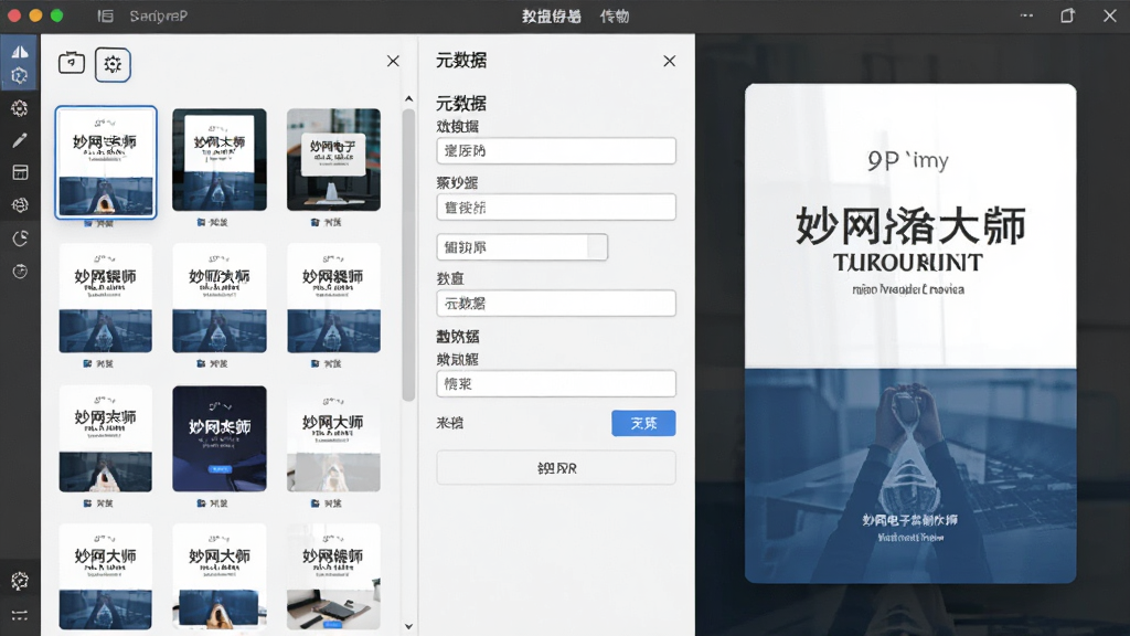 妙网电子书制作大师封面编辑功能,画面展示软件中封面模板选择面板和元数据填写表单,封面预览图显示在右侧,整体风格商务简洁,细节丰富,画质清晰,干净,无多余元素