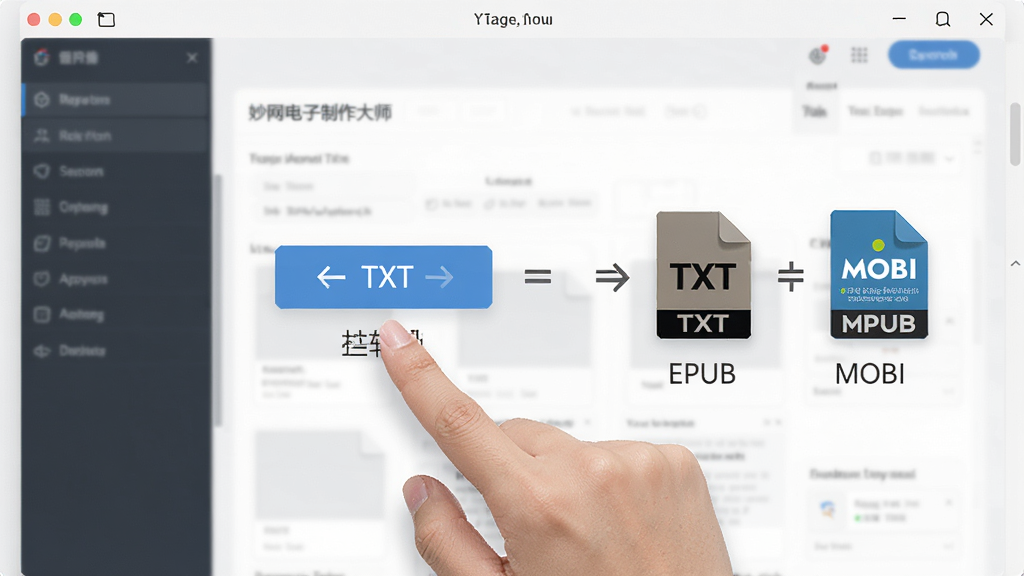 妙网电子书制作大师格式转换功能展示,画面中一只手点击转换按钮,文件从TXT格式变为EPUB和MOBI格式的图标排列,背景是软件操作界面,风格现代简洁,细节清晰,画质干净,无多余元素