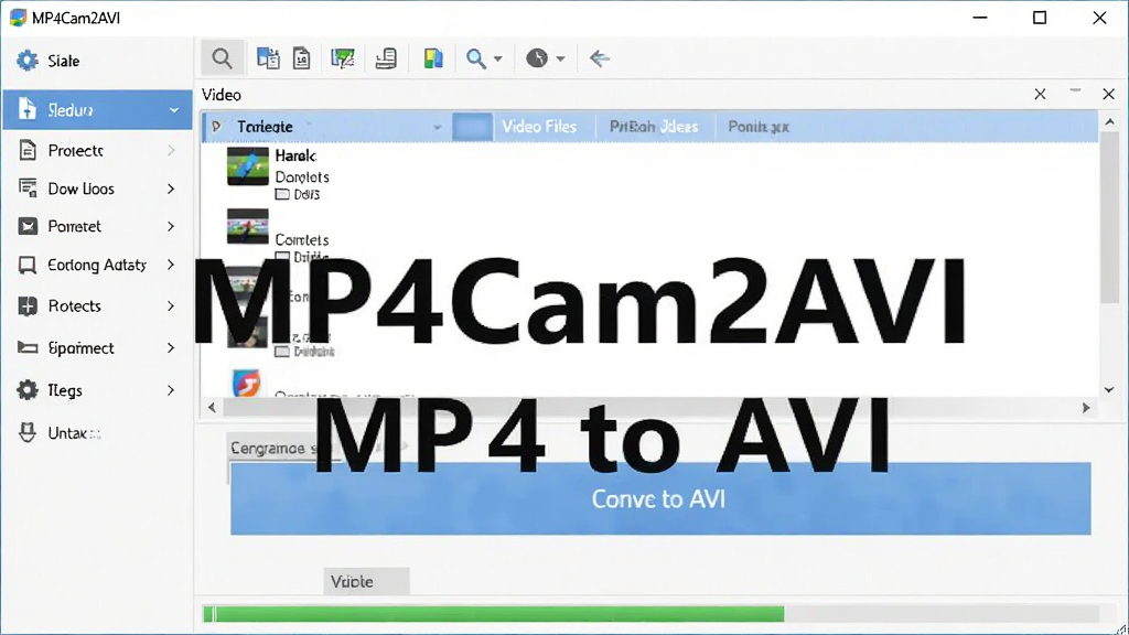 主体为MP4Cam2AVI软件主界面截图,布局为中央显示视频文件列表和转换按钮,排版清晰简洁,风格为现代扁平化科技风,细节包括左侧菜单栏、顶部工具栏、底部进度条,画面中打文字