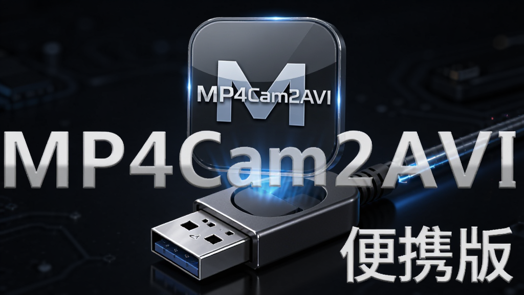 主体为MP4Cam2AVI软件图标和U盘组合场景,布局为软件图标悬浮在U盘上方,排版居中,风格为科技感深色风,细节包括图标反光、U盘金属质感、数据线光效,画面中打文字