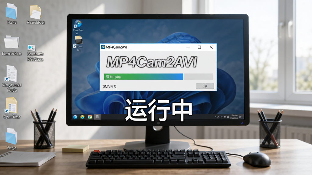 主体为MP4Cam2AVI软件运行中的电脑桌面场景,布局为显示器中央显示转换进度窗口,排版居中,风格为写实办公风,细节包括键盘鼠标、桌面文件、窗外光线,画面中打文字