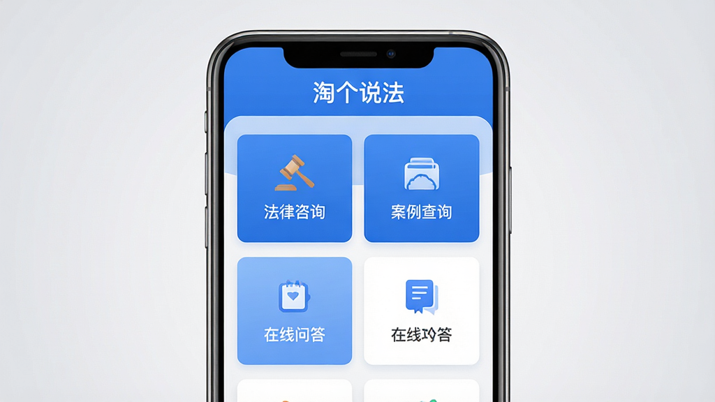 手机屏幕居中展示一款蓝色系法律咨询应用界面,顶部标题栏写