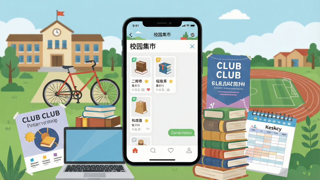 一幅展示大学校园生活场景的插画,画面中央是手机屏幕显示“校园集市”APP界面,屏幕周围环绕着二手书籍、自行车、笔记本电脑、社团招新海报、课表等元素,背景是教学楼和操场,整体布局为手机居中、元素环绕式排版,风格为扁平化清新插画风,细节包括APP界面上的商品卡片和聊天窗口,画质高清、干净、无多余元素