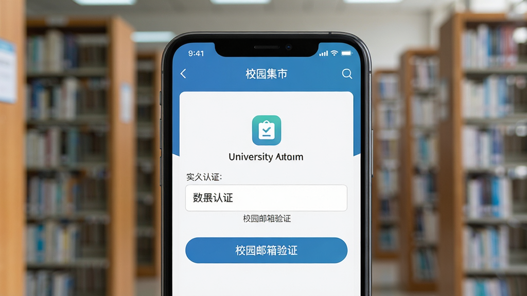 一部智能手机屏幕特写,屏幕上显示“校园集市”APP的实名认证页面,页面上有学号输入框和校园邮箱验证按钮,背景是虚化的大学图书馆书架,风格为写实科技风,布局为手机居中、背景虚化,细节包括认证页面的图标和文字,画质高清、干净、无多余元素
