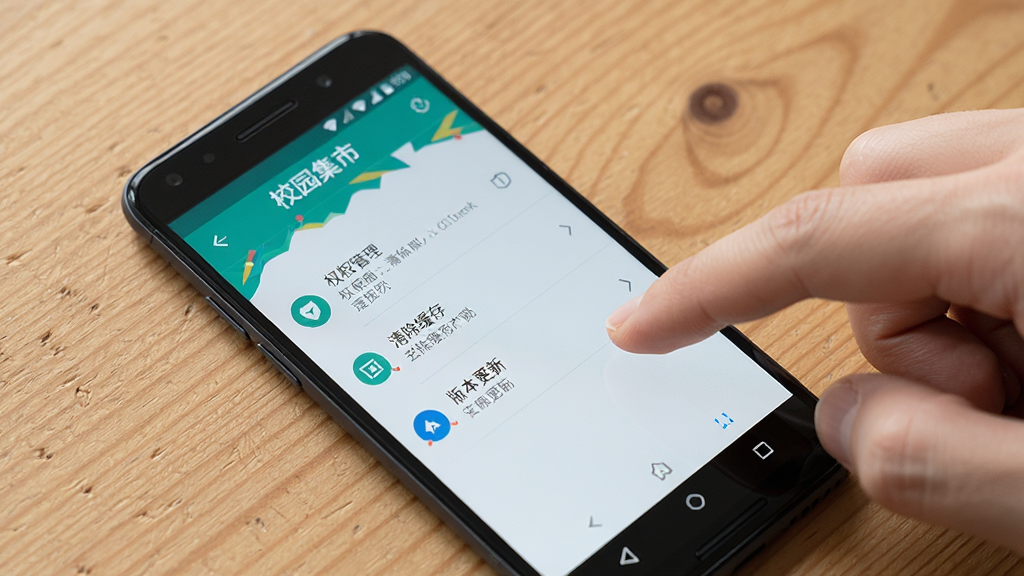 一部安卓手机显示“校园集市”APP的设置页面,页面上有权限管理、清除缓存、版本更新等选项,旁边有一只手正在点击屏幕,背景是木质桌面,风格为写实产品展示风,布局为手机与手部特写,细节包括设置页面的图标和文字,画质高清、干净、无多余元素