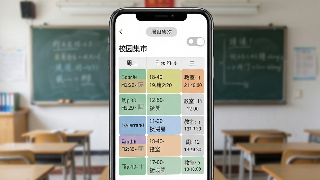 一部手机屏幕截图,显示“校园集市”APP的课表页面,表格中排列着周一至周五的课程名称、教室和时间,背景是虚化的教室黑板,风格为简洁工具风,布局为手机屏幕居中、背景虚化,细节包括课表单元格的颜色区分和顶部周次切换按钮,画质高清、干净、无多余元素