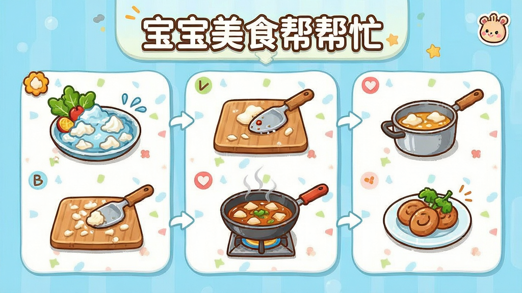 宝宝美食帮帮忙 烹饪流程界面展示 食材清洗切配烹饪装盘 卡通风格 布局分步展示 排版清晰 风格活泼 细节生动 画质优良 干净 无多余元素
