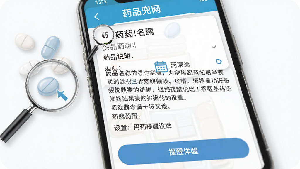 主体为药兜网App药品详情页,布局为手机屏幕展示说明书文字与用药提醒设置,排版为顶部药品名称、中部说明段落、底部提醒按钮,风格为专业医疗信息风,细节包括放大镜、日历提醒图标、药丸图案,画质高清干净无多余元素