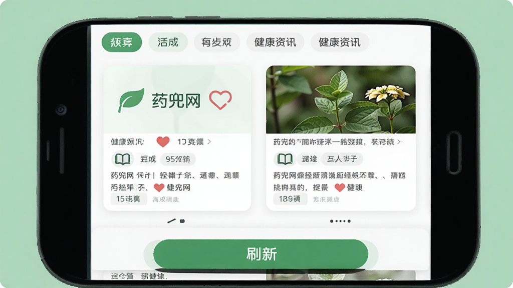 主体为药兜网App健康资讯页面,布局为手机屏幕内展示文章卡片列表,排版为顶部频道标签、中部图文卡片、底部刷新按钮,风格为清新阅读风,细节包括绿叶、爱心、书本图标,画质清晰干净无多余元素