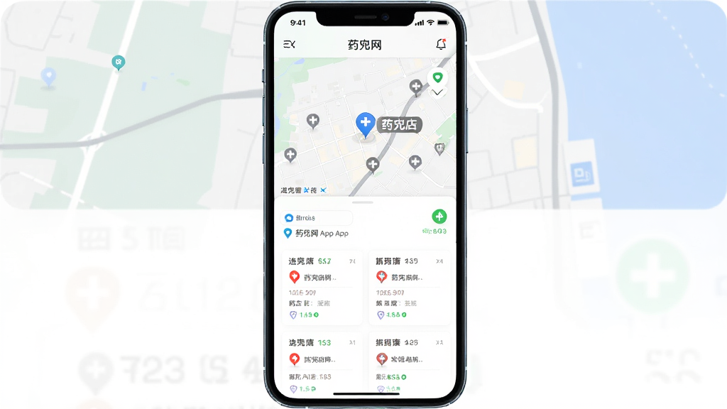 主体为药兜网App附近药店地图界面,布局为手机屏幕展示地图与药店列表,排版为上半部分地图标注、下半部分药店卡片,风格为现代LBS应用风,细节包括定位图标、药店十字标志、距离数字,画质高清干净无多余元素