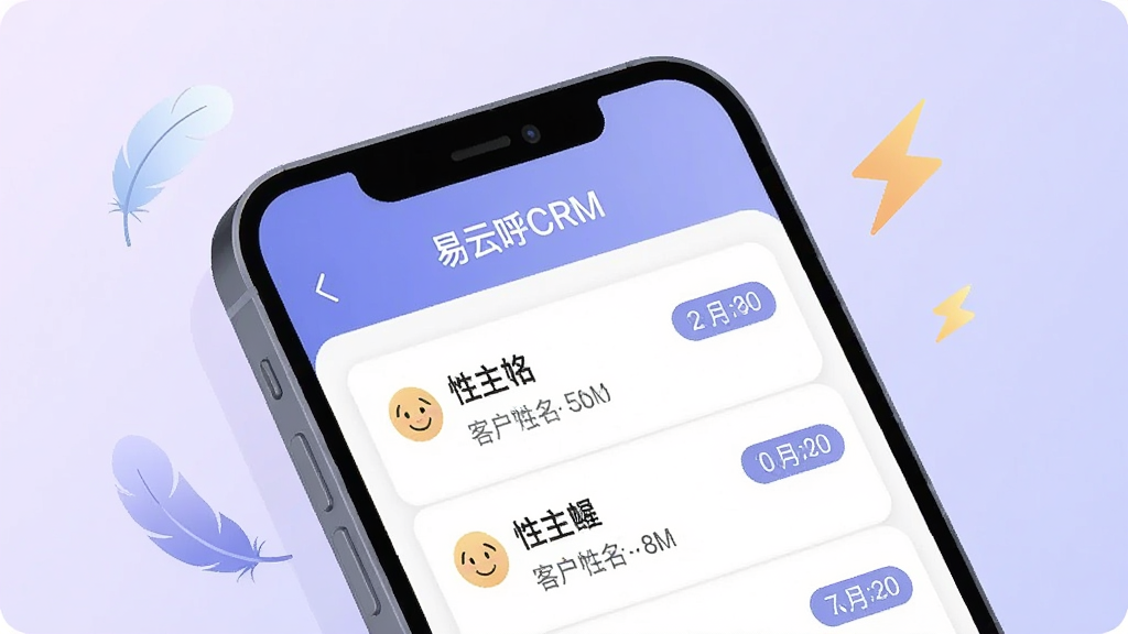 一张手机屏幕特写插画,屏幕内显示“易云呼CRM”的待办提醒列表,包含客户姓名与时间标签,手机周围有轻量化的羽毛与闪电图标,表示轻快流畅,背景为浅紫色渐变,风格简约清新,画质干净,无多余元素