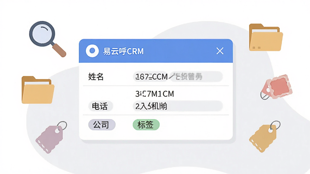 一幅扁平化风格插图,画面主体为“易云呼CRM”应用界面中的客户资料卡片,卡片上有姓名、电话、公司、标签等字段,周围散布放大镜、文件夹、标签贴纸等小图标,布局居中,背景为白色与淡灰色,风格干净商务,画质清晰,无多余元素