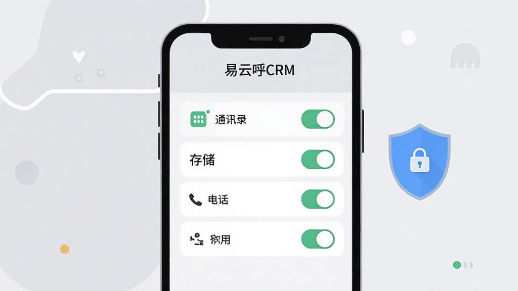 一张手机应用权限设置界面的插画,画面中显示“易云呼CRM”的权限管理页面,包含通讯录、存储、电话等开关按钮,旁边有一个盾牌图标表示安全提示,背景为浅灰色与白色,风格扁平简洁,布局居中,画质干净,无多余元素