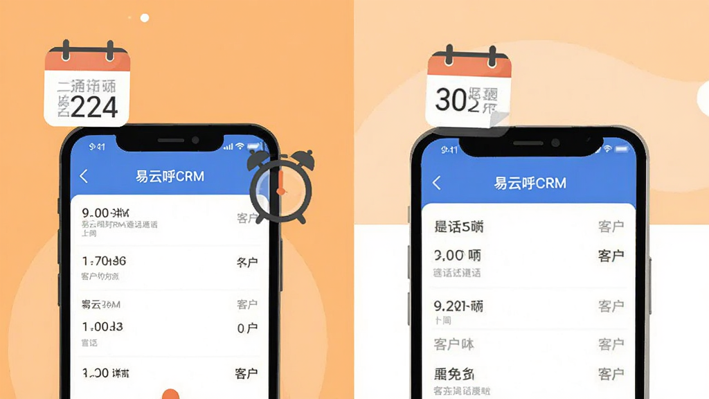 一张商务风格插画,画面中一部手机正在显示“易云呼CRM”的通话记录页面,旁边有日历图标与闹钟图标,表示提醒功能,背景为浅橙色与白色拼接,布局左右分栏,风格简洁现代,细节包括通话时长数字与客户姓名,画质干净,无多余元素
