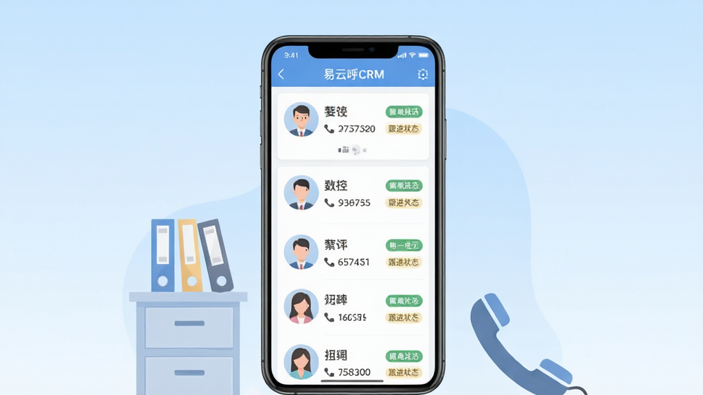 一张手机应用界面展示图,画面中央是一部竖屏智能手机,屏幕内显示“易云呼CRM”的客户列表页面,包含客户头像、姓名、电话图标与跟进状态标签,背景为浅蓝色渐变,手机下方有淡淡的文件柜与电话听筒图形作为装饰,整体布局简洁,风格为扁平化商务插画,细节清晰,画质干净,无多余元素