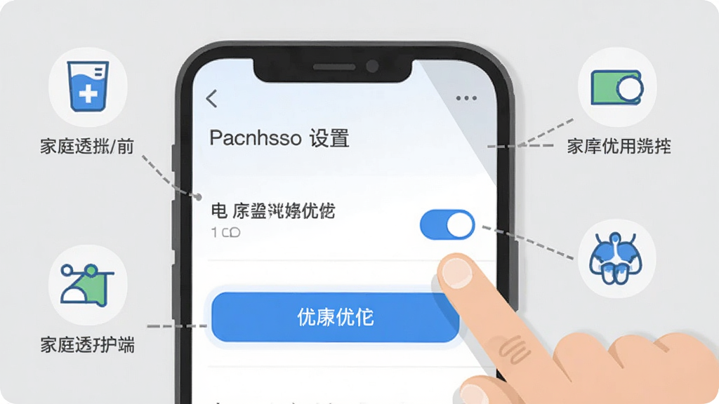 家庭透析医护端使用技巧示意图,画面中一部手机展示设置页面,旁边有手指点击电池优化选项的示意,布局为手机屏幕放大特写配合简洁图标标注,风格为扁平化教程插图,细节包括蓝色高亮按钮、权限开关图标、浅灰色背景,画质清晰,干净整洁,无多余元素