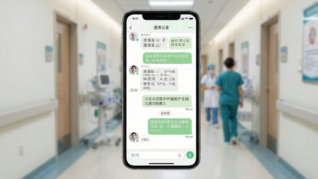 家庭透析医护端医护在线沟通功能展示,画面中一部手机显示聊天对话界面,对话内容包含透析记录截图和文字回复,布局为手机居中、背景虚化的医院走廊,风格为写实移动医疗场景,细节包括柔和的绿色消息气泡、清晰的医护头像、简洁的输入框,画质高清,画面干净,无多余元素