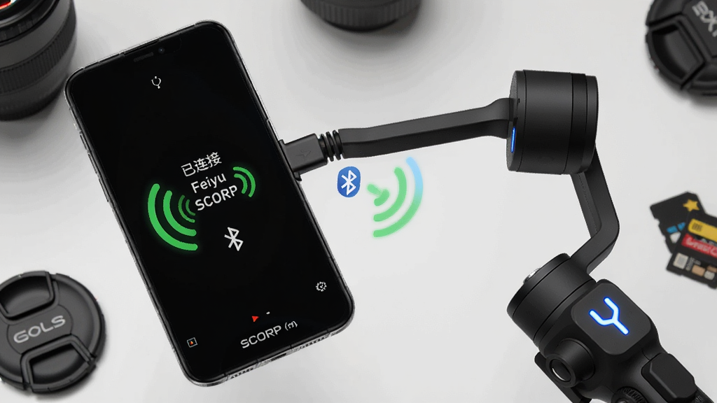 一部手机通过蓝牙连接飞宇SCORP稳定器的示意图,手机屏幕显示