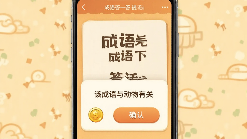 成语答一答提示功能界面,画面中显示一个成语题目被部分遮挡,下方弹出提示框写着“该成语与动物有关”,旁边有金币图标和确认按钮,界面风格简洁,采用暖色调,手机竖屏展示,画面干净无多余元素
