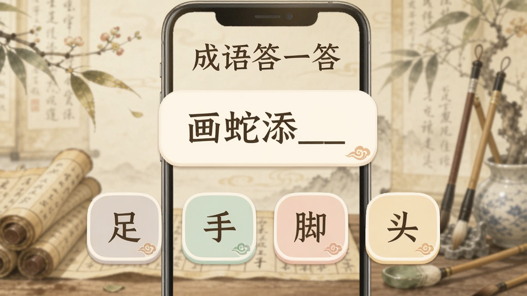 成语答一答游戏界面展示,屏幕中显示一道成语填空题,题目为“画蛇添__”,下方四个选项分别是“足”“手”“脚”“头”,界面采用圆角卡片设计,配色柔和,背景有淡淡的书香气息,手机竖屏布局,画面清晰,无杂乱元素