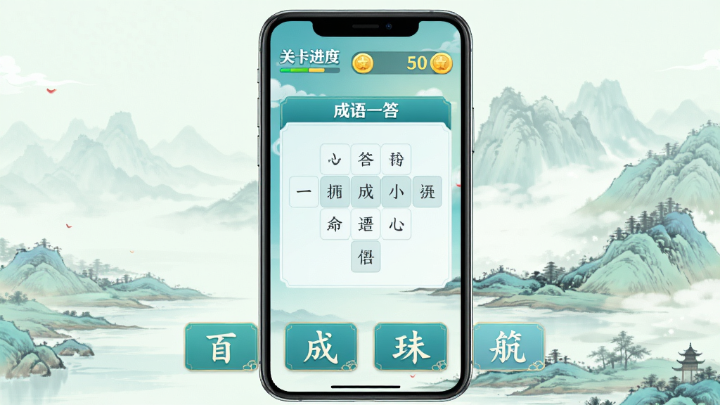 成语答一答手机应用主界面,画面中央是成语填空答题区域,上方显示关卡进度和金币数量,下方排列四个汉字选项按钮,背景为淡雅中国风山水画元素,整体采用清新明快的蓝绿色调,手机屏幕竖屏展示,画面干净整洁,无多余装饰,高清画质