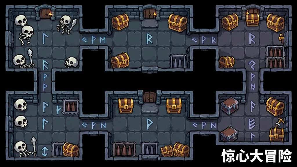 俯视角地牢房间布局图,多个房间通过走廊连接,房间内散布着骷髅怪、宝箱和陷阱,地面有随机生成的符文图案,画面角落标注