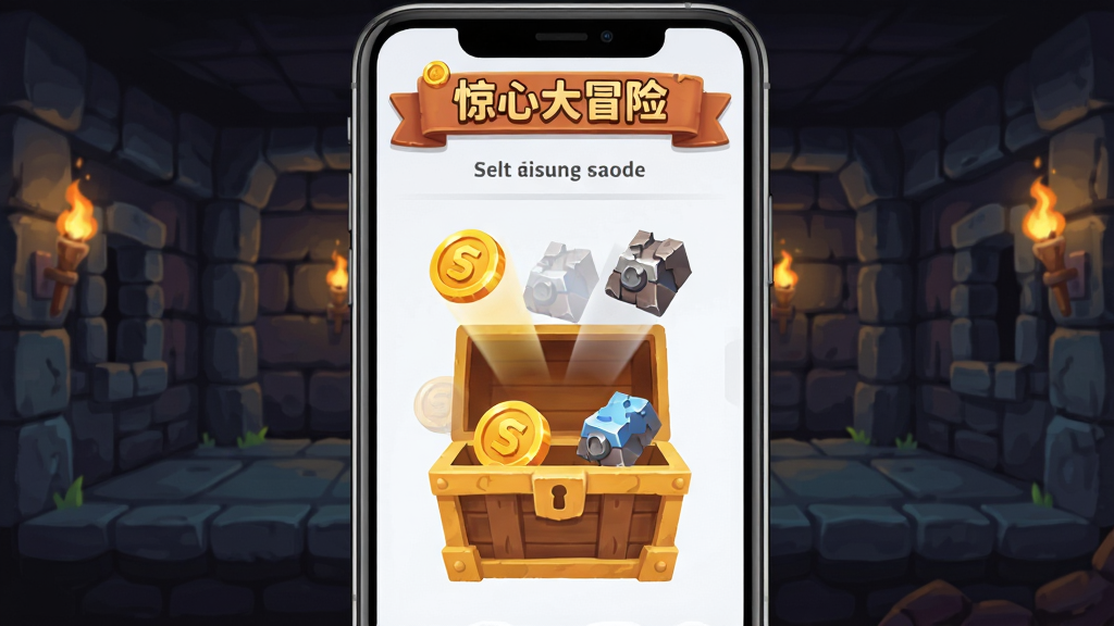 手机屏幕显示离线收益结算界面,金币和材料图标从宝箱中飞出,背景是地牢场景,界面风格简洁明快,顶部有