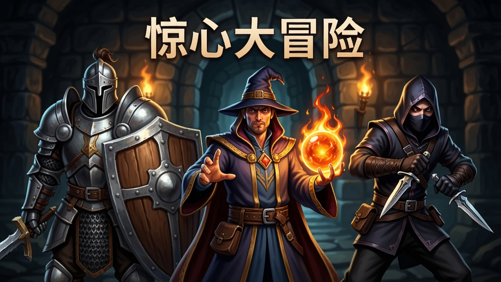 三位不同职业的角色并排站立,左侧是重甲战士手持巨盾,中间是法师凝聚火焰法球,右侧是刺客双持匕首,背景为地牢入口,上方飘浮