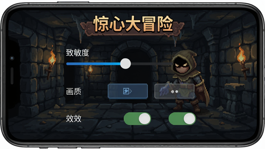 手机屏幕显示游戏设置界面,包含灵敏度滑块、画质选项、音效开关等,界面简洁,背景为地牢风格,顶部有