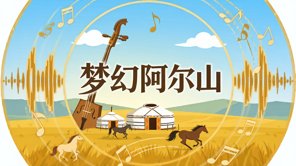 一个圆形音频专辑封面,中心是“梦幻阿尔山”的标题文字,背景为金色草原与白色蒙古包,四周环绕着声波纹理与音符符号。风格为扁平化矢量设计,细节包括马头琴剪影、蓝天白云、奔跑的骏马。画质清晰,色彩温暖,干净无杂乱元素。
